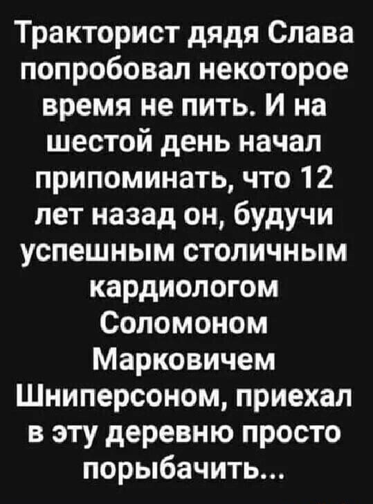 Тракторист дядя Слава попробовал некоторое время не пить. И на шестой день  начал припоминать, что 12 лет назад он, будучи успешным столичным  кардиологом Соломоном Марковичем Шниперсоном, приехал в эту деревню просто  порыбачить... -